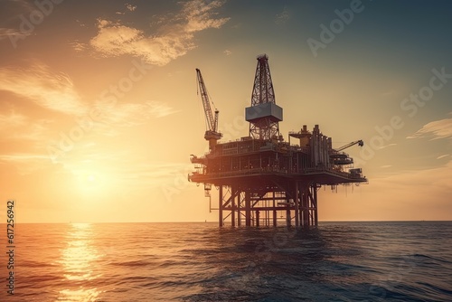 Offshore exploration and oil industry, illuminated by sunset and sunrise. Drilling rig, Symbol of industrial technology and energy of the fuel. Production business on the ocean © Thares2020
