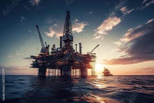 Offshore exploration and oil industry, illuminated by sunset and sunrise. Drilling rig, Symbol of industrial technology and energy of the fuel. Production business on the ocean