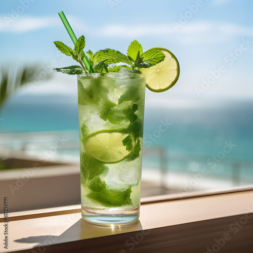 mojito cocktail with summer beach background