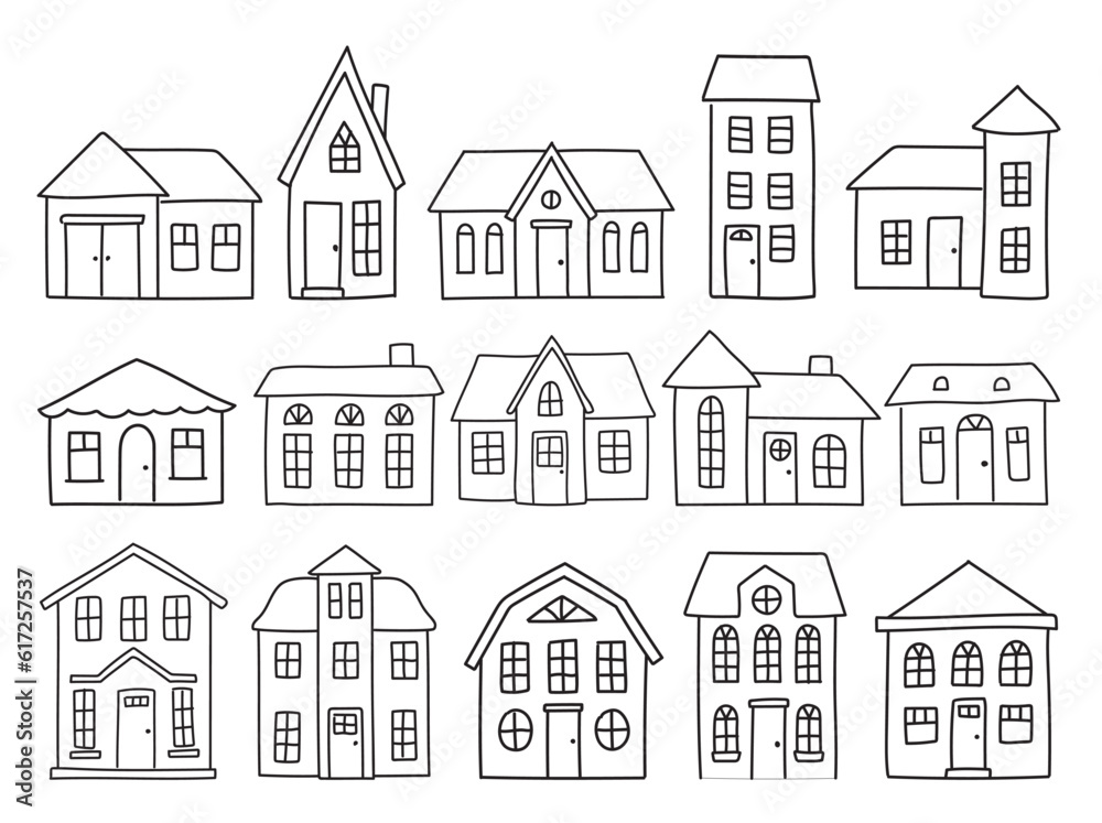 Set of hand drawn European old houses in doodle style. Isolated vector illustration, editable details. For stickers and coloring books