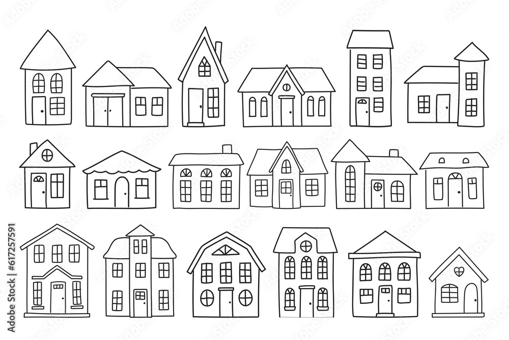 Set of hand drawn houses in doodle style. Different doors and windows. Editable vector illustration in black and white