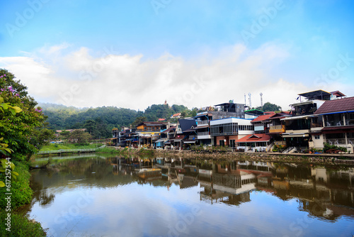 Beautiful scenery of village silhouettes, rivers, mountains, lak