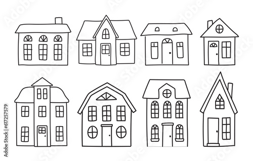 Set of hand-drawn houses and buildings. Isolated vector illustration