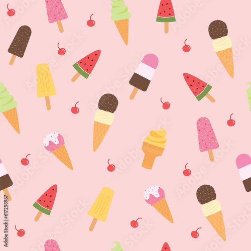 Colorful ice cream cone seamless pattern on isolated white background. Vector illustration cartoon style