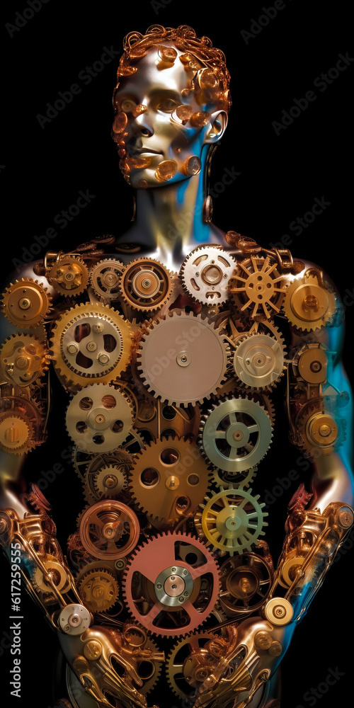 Naklejka premium Captivating human body made of vibrant, multicolored cogwheels in a metallic industrial style, illustrating the intricate anatomy and logical connections within our physiology. Generative AI