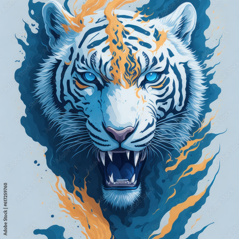 Fototapeta Fantasy watercolor painting of a white tiger with swirling fire against a blue backdrop.generative AI
