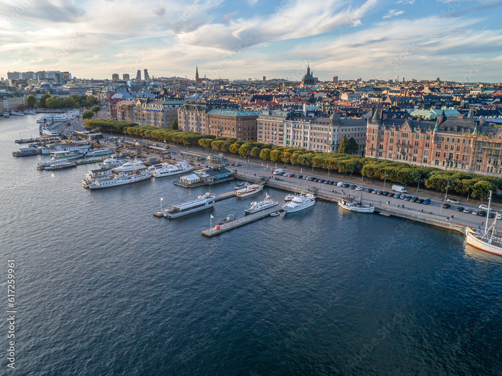Sweden Stockholm Aerial view of Strandvagen boulevard and Ostermalm district on a sunny day sunset