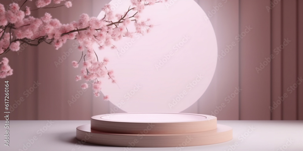 Romantic pink display podium with round light and floral tree branch. Created with Generative AI technology Romantic pink display podium with round light and floral tree branch. Created with Generative AI technology