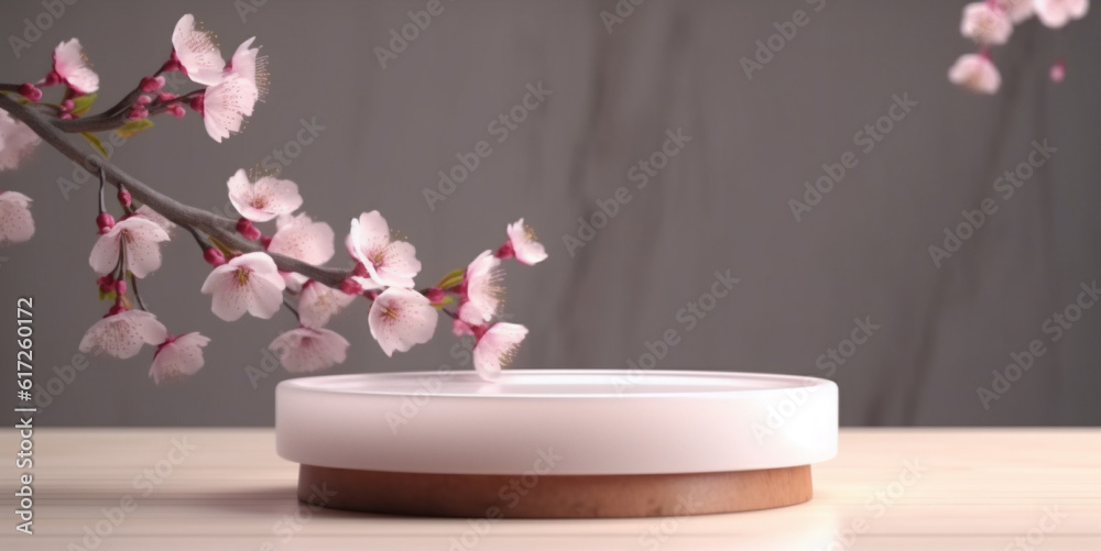 Cherry blossom branch on marble display podium with wooden base on table surface. Created with Generative AI technology Cherry blossom branch on marble display podium with wooden base on table surface. Created with Generative AI technology