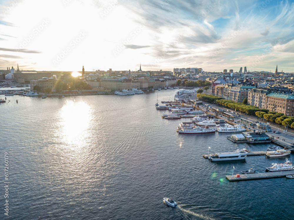 Fototapeta premium Sweden Stockholm Aerial view of Strandvagen boulevard and Ostermalm district on a sunny day sunset