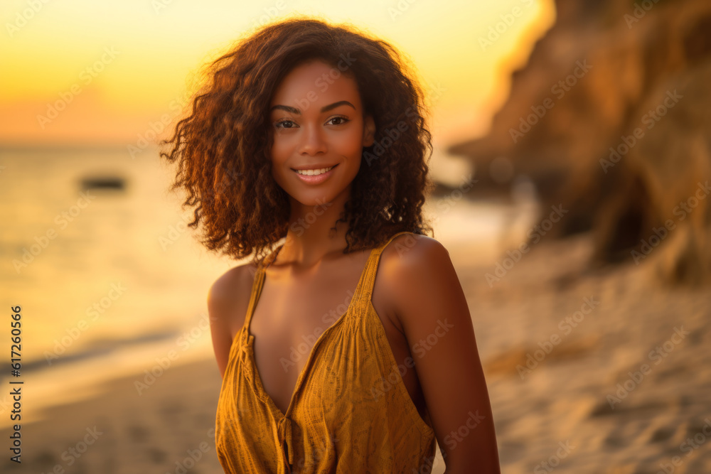 Close up of a young African American woman at the beach. Golden hour. Generative AI Close up of a young African American woman at the beach. Golden hour. Generative AI