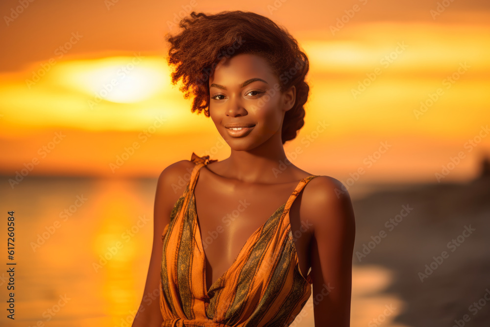 Close up of a young African American woman at the beach. Golden hour. Generative AI Close up of a young African American woman at the beach. Golden hour. Generative AI