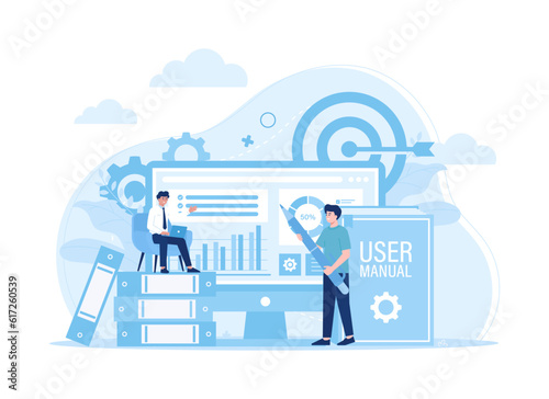 Work with user manual book trending flat illustration