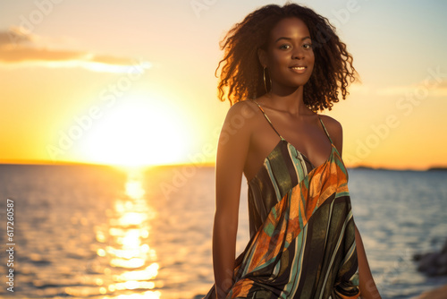 Close up of a young African American woman at the beach. Golden hour. Generative AI © JuanM