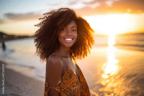 Close up of a young African American woman at the beach. Golden hour. Generative AI