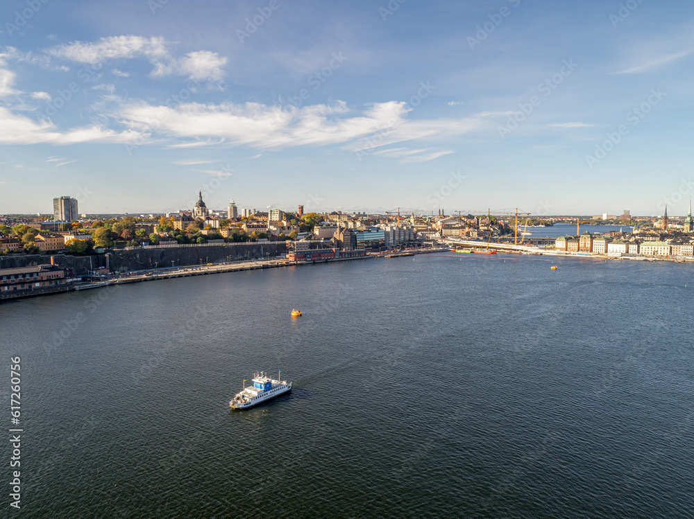 Beautiful boats. Aerial of boats in Stockholm, Sweden. Summer seascape with ships, sunny day. Top view yachts