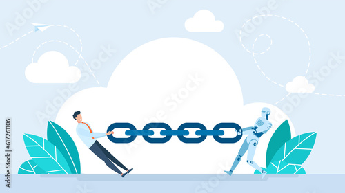 Human and robot competition in business. Businessman tug of war battle vs robot. Character tear chain with artificial intelligence robot. Human vs cyborg competition, robotization. Flat illustration photo