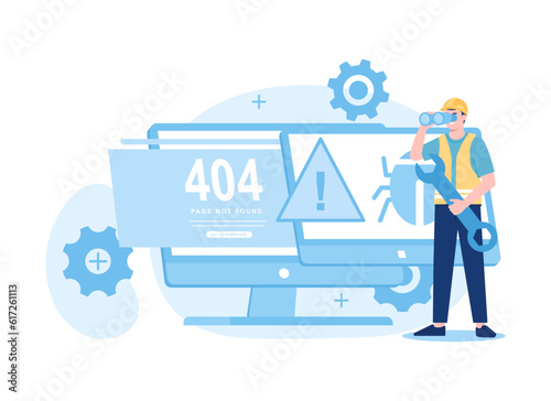 Technician fix a bug error 404, trending flat illustration