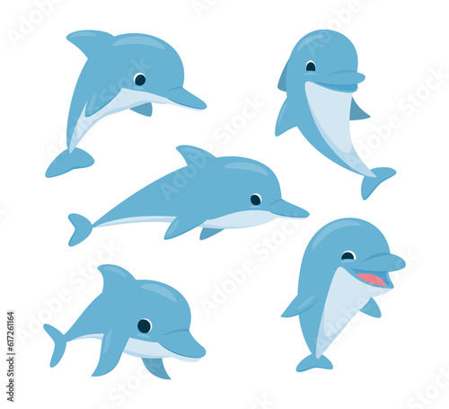 Set of cute sea dolphins. Vector illustration isolated on white background.