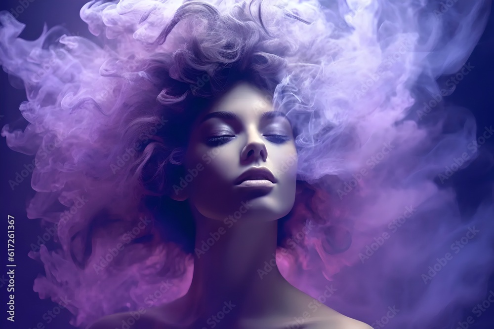 Young beautiful girl with big hairstyle and purple smoke mist. The concept of thoughts, feelings and mental health. Generated AI Young beautiful girl with big hairstyle and purple smoke mist. The concept of thoughts, feelings and mental health. Generated AI
