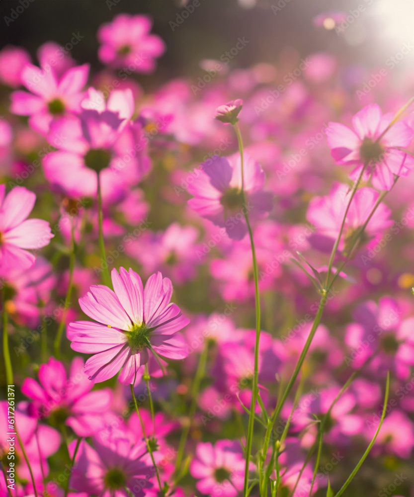 Fully blooming pink cosmos flowers are shining in the light