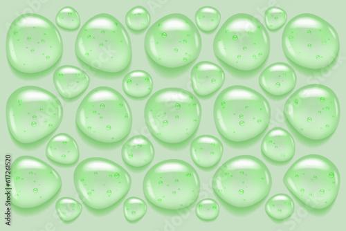 Aloe mint green pure serum. Liquid beauty skin collagen lotion. Hyaluronic acid puddle closeup. Almond makeup wash drops.