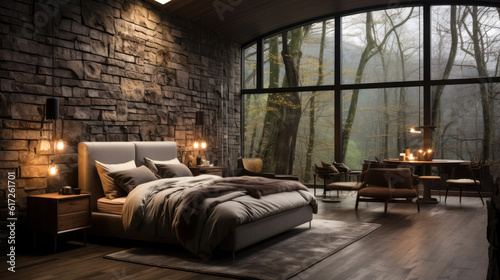 Modern house interior  bedroom  dark wood bed  grey colored bedding  grey stone wall cladding. Generative AI