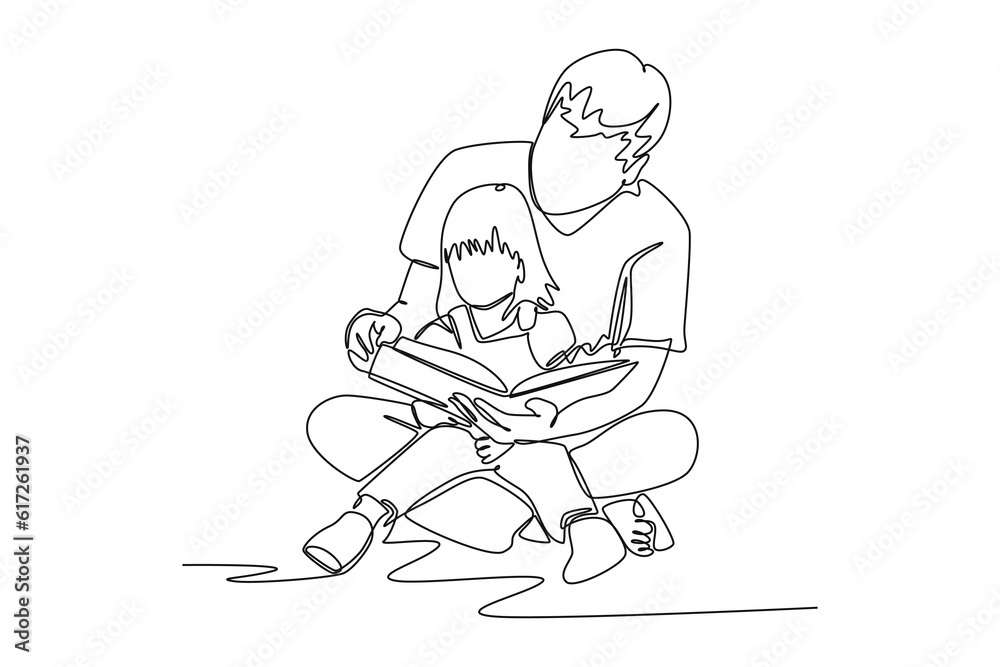 Single one line drawing happy father and daughter reading story book. Education and leisure concept. Continuous line draw design graphic vector illustration. Single one line drawing happy father and daughter reading story book. Education and leisure concept. Continuous line draw design graphic vector illustration.
