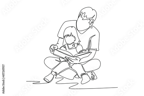 Single one line drawing happy father and daughter reading story book. Education and leisure concept. Continuous line draw design graphic vector illustration.