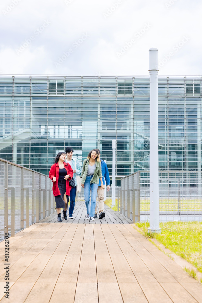 Multinational student group walking in college campus. Multinational student group walking in college campus.