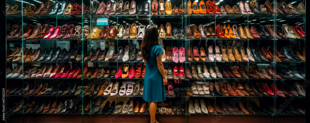 Captivating woman amidst vibrant, diverse shoe collection on glass shelves, evoking emotions of desire and fashion indulgence. Perfect for marketing impact. Generative AI - obrazy, fototapety, plakaty 