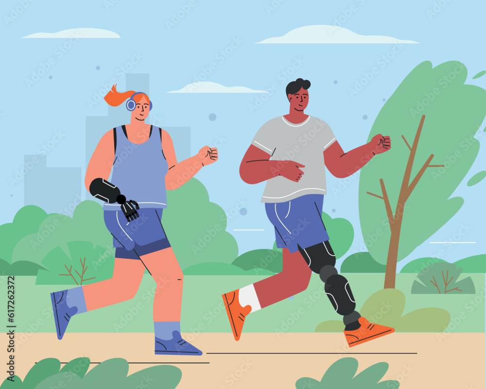 World disabled day. International Day of Persons with Disabilities. A man and woman with a prosthetic is running in the park. for web, infographics, mobile. Flat character in isolated background