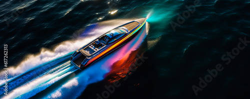 Stunning aerial view of a speedboat cutting through sparkling waves, emphasizing sleek design and thrilling sense of motion. Passengers unseen, focusing on exhilarating experience. Generative AI photo