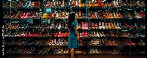 Captivating woman amidst vibrant, diverse shoe collection on glass shelves, evoking emotions of desire and fashion indulgence. Perfect for marketing impact. Generative AI photo