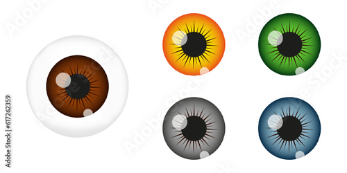 Human eye ball constructor with brown, green, gray, blue pupils. Eyeball creation tool. Espionage, curiosity, spying, surveillance concept. Vector realistic illustration