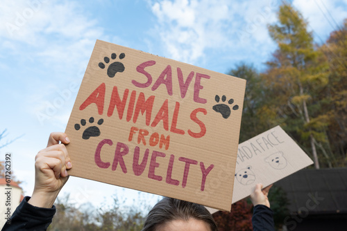 Hand holding placard sign with text Save animals from cruelty, during animal rights march. Protestor with cardboard banner at protest rally demonstration. photo