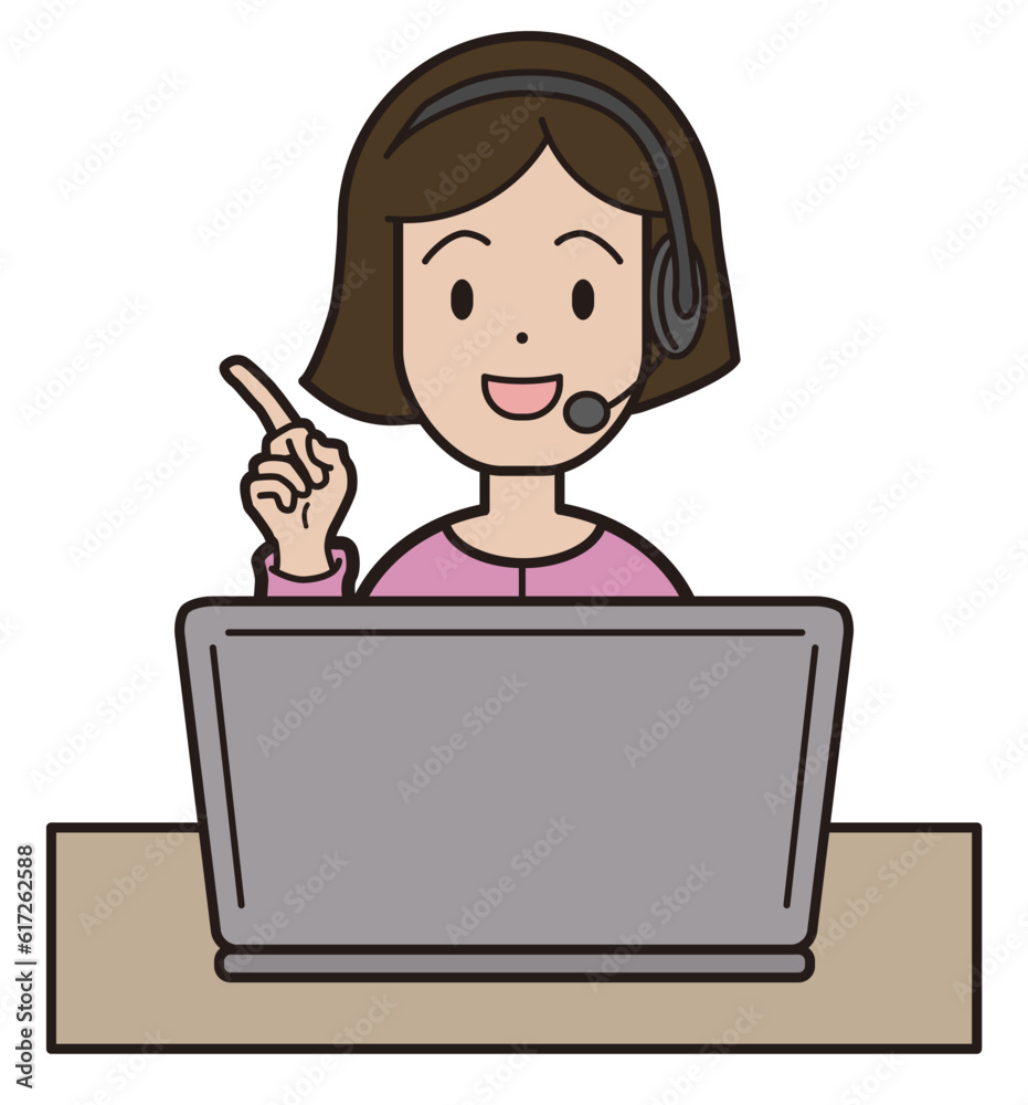 パソコン入力をしながら電話応対をするピンクの服の若い女性　コールセンター 笑顔 指さし これ