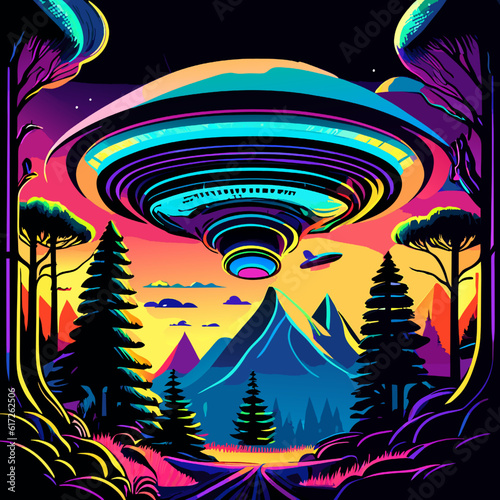 Alien spaceship in the sky. Vector illustration of alien spaceship in the forest.