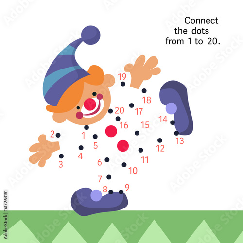 Dot to Dot. Connect dots from 1 to 20. Game for kids. Cute coloured funny toy clown with red nose and boots. Vector illustration.