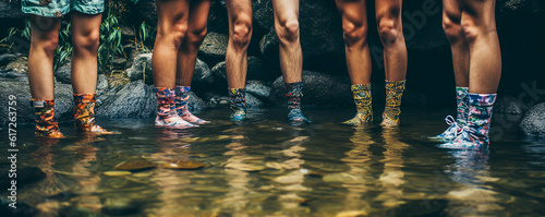Captivating image of vibrant-clad friends' legs side by side, mismatched socks and shoes in shallow stream, evoking adventure and camaraderie emotions. Generative AI photo