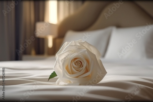 Rose flower on comfortable bed and soft white mattress in hotel. created with generative AI technology.