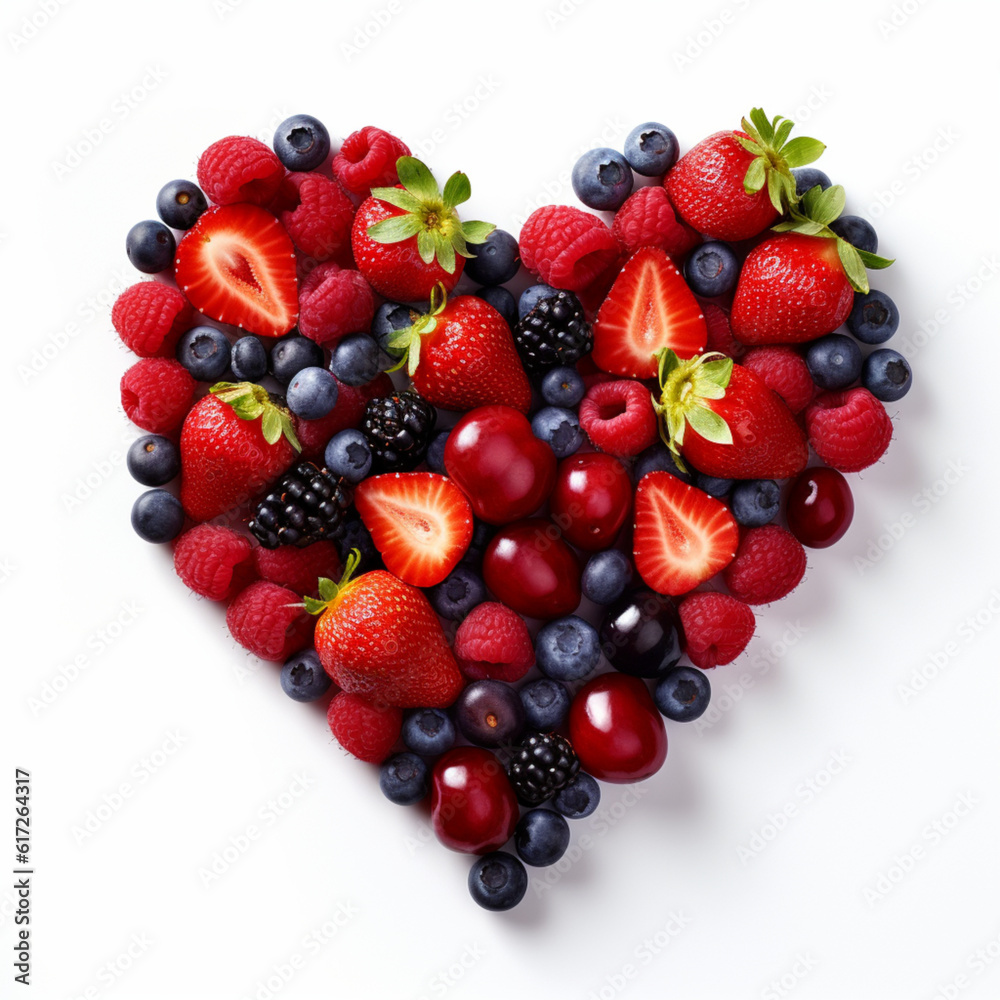 Obraz premium Illustration, AI generation. fresh berries laid out in the shape of a heart, white background.