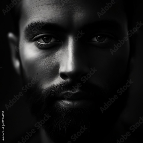Portrait of a fictional young handsome man with a beard. Black and white, monochrome. AI generation. 