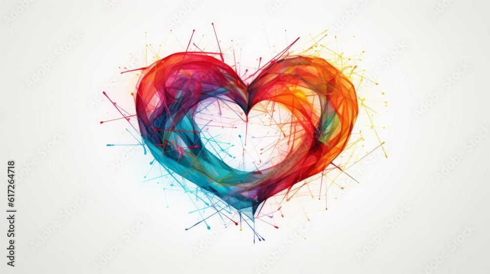 Obraz premium Threads of Empathy: A minimalist artwork depicting colorful threads intertwining to form a heart, symbolizing empathy and compassion as essential elements of social responsibility | generative ai