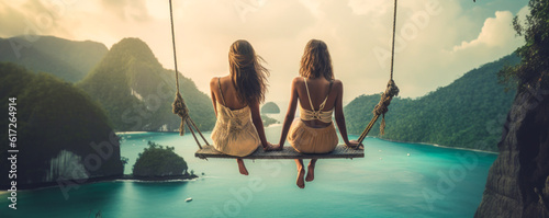 Captivating image of two women blissfully swinging above breathtaking tropical paradise, sharing an emotional bond and unforgettable experience. Generative AI
