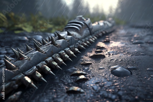 Abandoned racing spikes lying on a misty trail