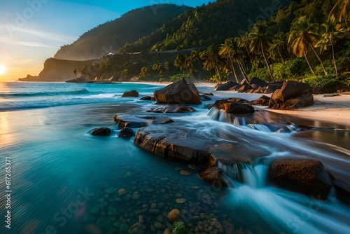 Serenity in Motion: AI-Created Waterfalls and Beaches