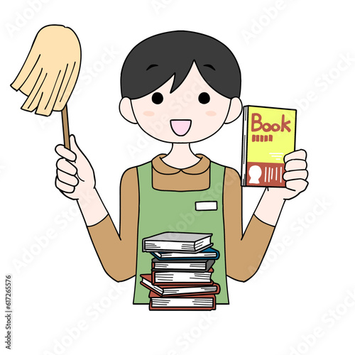 エプロンを着た若い書店員の男性　司書　本屋	