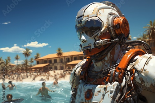 Robot working as a lifeguard at a bustling beach wallpaper