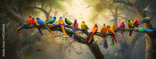 Photo Captivating tropical birds display vibrant rainbow colors, perched playfully on sunlit tree branches, radiating blissful joy and happiness